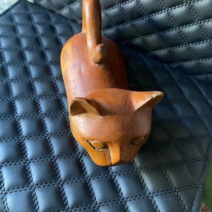 Vintage Wooden Carved Laying Cat Statue